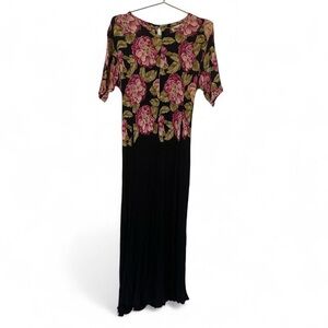 Vintage 90s American Angel Floral Rayon Maxi Dress – Grunge Romantic Black Pink